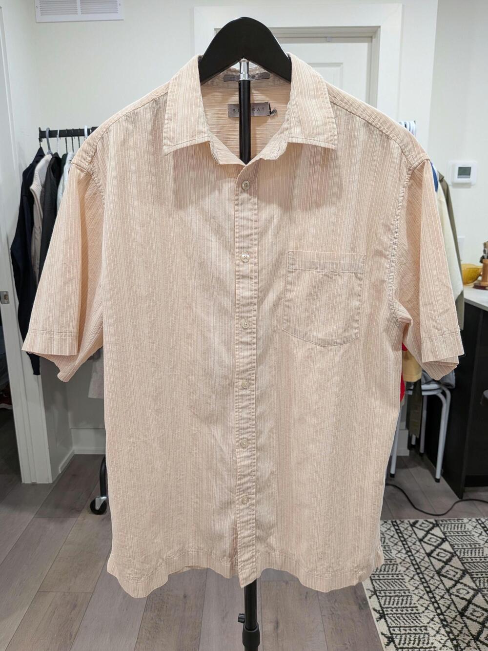 Vintage Retreat Beige Textured Pinstripe Cotton Shirt – Men's Large